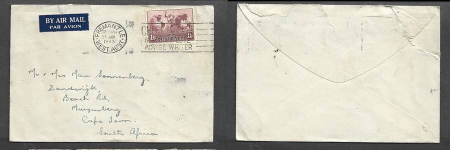 Australia 1'6 air mail FREEMANTLE WEST AUSTRALIA 27 JAN 1948 &CHECK ADDRESS slogan> S.Africa