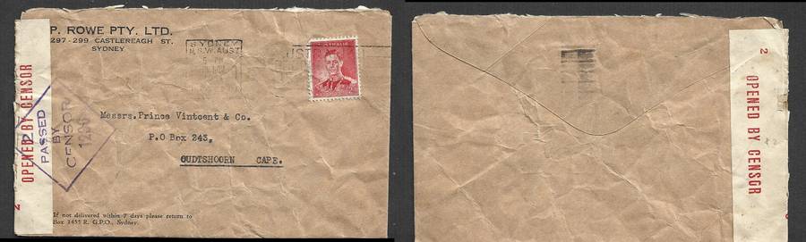 Australia 2d, SYDNEY 18 NO 1941 > S.Africa, OPENED BY CENSOR tape, PASSED BY CENSOR 1236 violet h/s