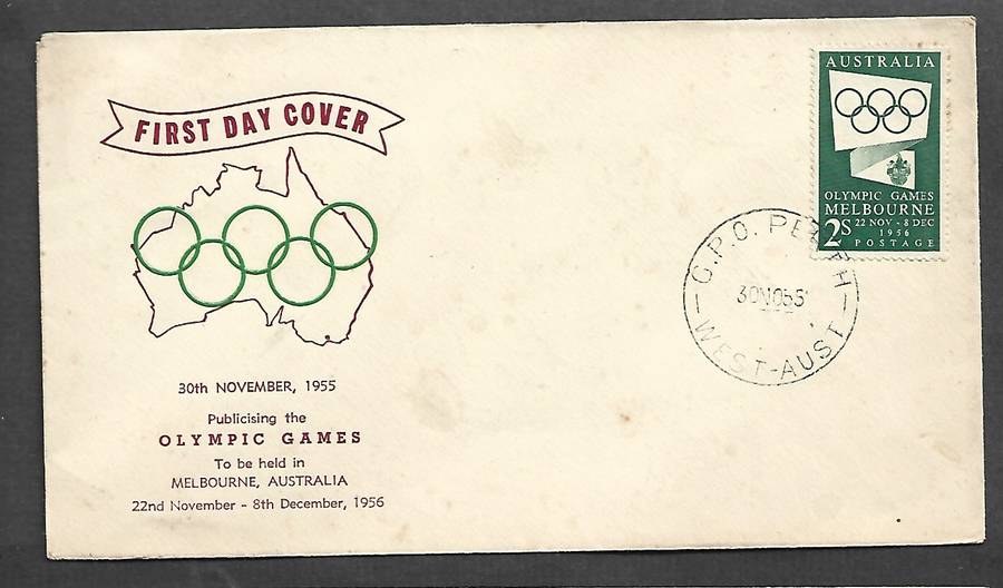 Australia Melbourne Olympics, 2/- green, 1st day, G.P.O. PERTH WEST AUST 30 NO 56, cds