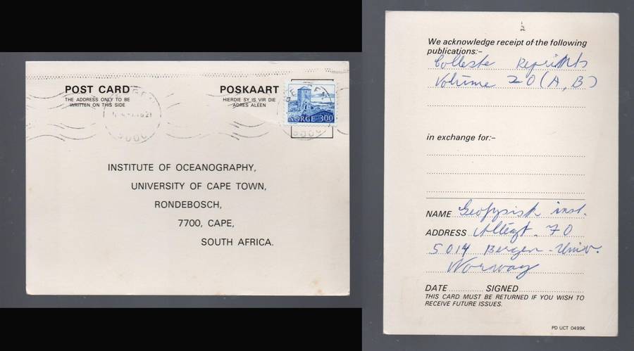 Norway , card, air mail, 3.00, > Oceanography, U.C.T. S.Africa