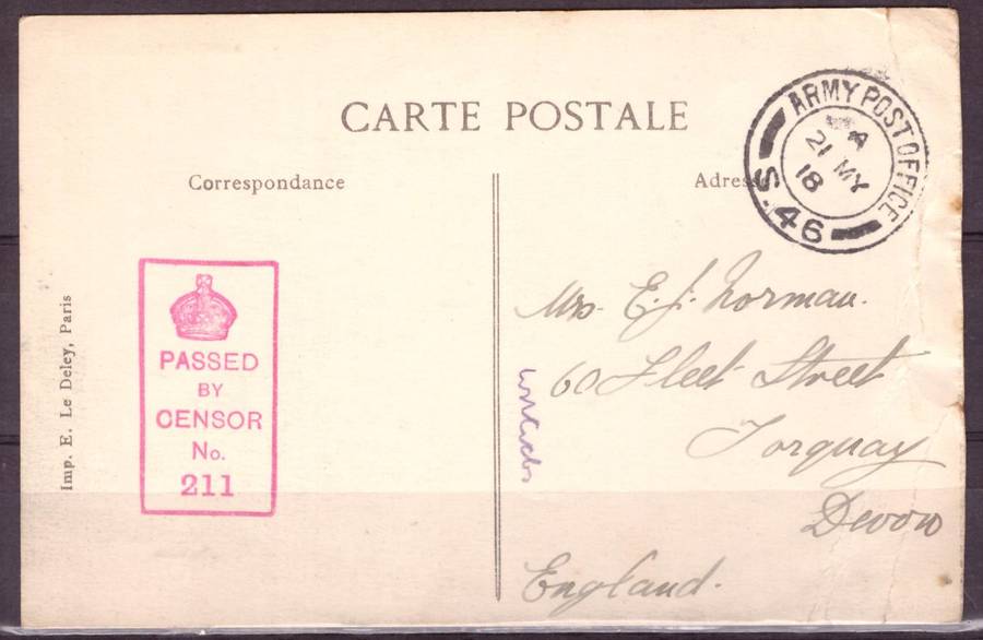 Post Cart from IWW {France} . ARMY POST OFFICE and CENSOR
