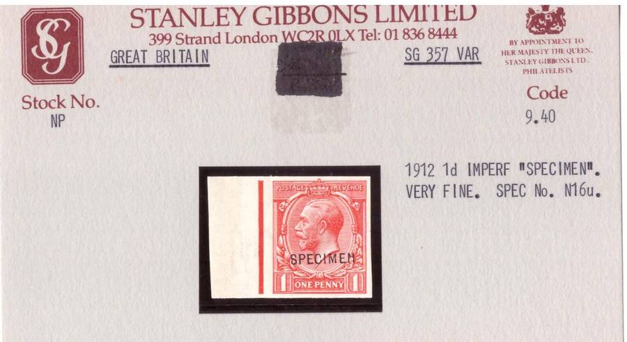 Great Britain. SG #357 VAR. 19012  1d imperf 'SPECIMEN' MNH.