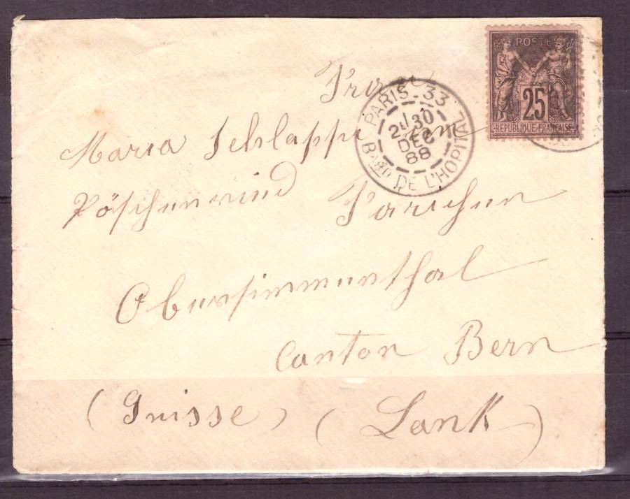 France. Cover 1888 from France to Switzerland.