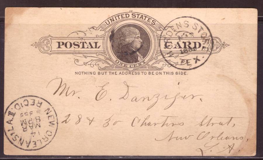 USA Post cart 1889  from  Hardensstore  Tex. too New Orleans