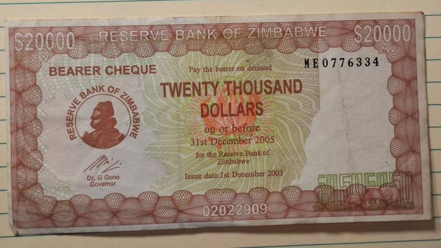 Zimbabwe - Dr G Gono - Twenty Thousand Dollar - Emergency Bearer Cheque - Demonetised 21 Aug 2006 -