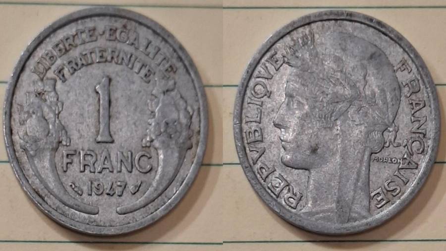 1947 - France - 1 Franc - Vichy French State - Demonetised Feb 2005 - Aluminium