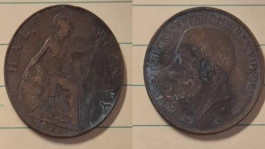 1921 - UK - ½ Penny - George V - Demonetised Aug 1969 - Bronze