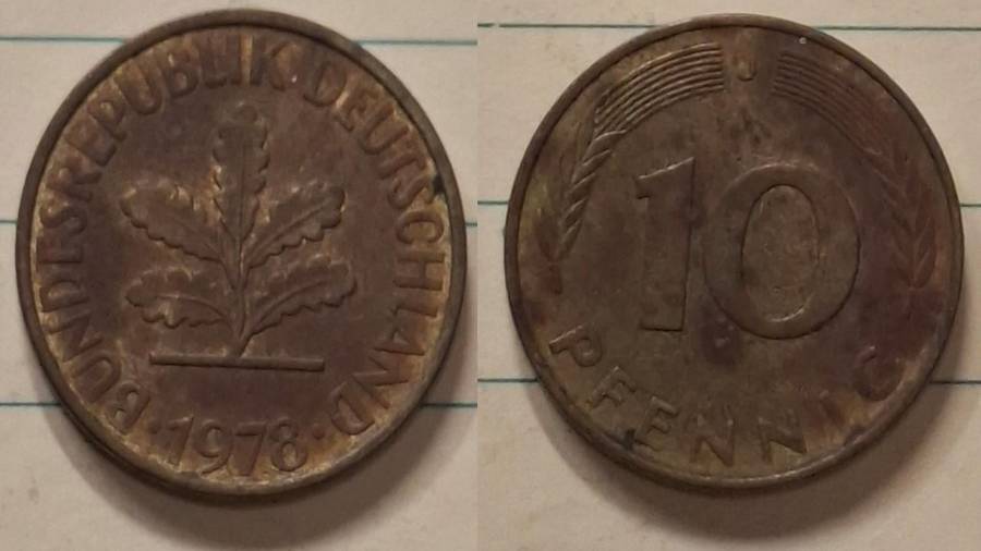 1978 J - Germany - 10 Pfennig - Oak seedling - Demonetised Dec 2001 - Brass clad steel 