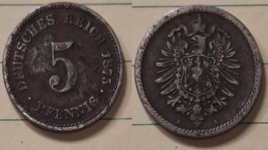 1875 A - Germany - 5 Pfennig - Wilhelm I - Demonetised Oct 1924 - Copper-nickel