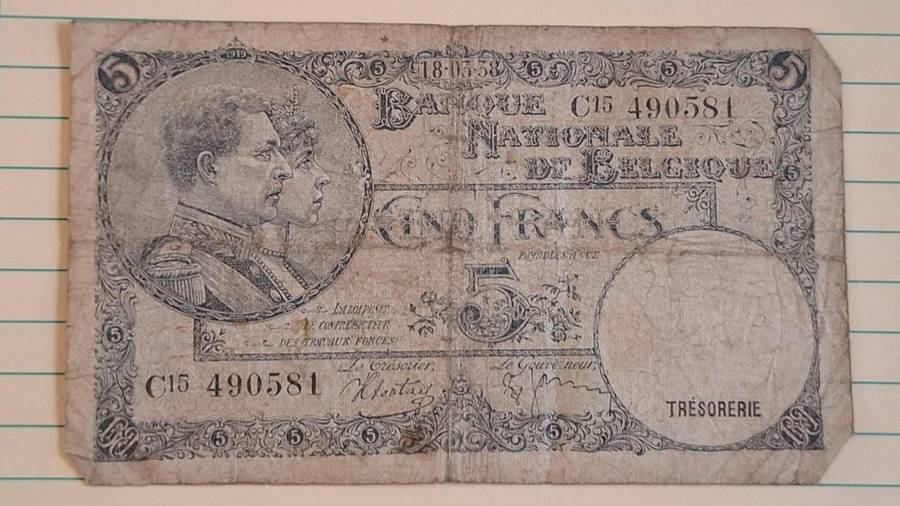 1938 - Belgium - 5 Franc - Watermark Leopold III - Demonetised Mar 1938 - C15 490581