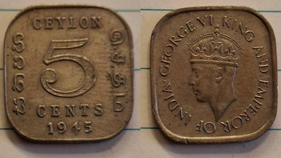 1945 - Ceylon - 5 cents - George VI - Demonetised Yes - Nickel brass