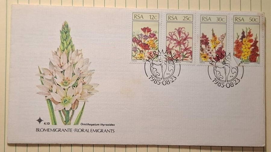 1985 - RSA - FDC with insert - Floral Emigrants 4.13 -  Postmark Hermanus