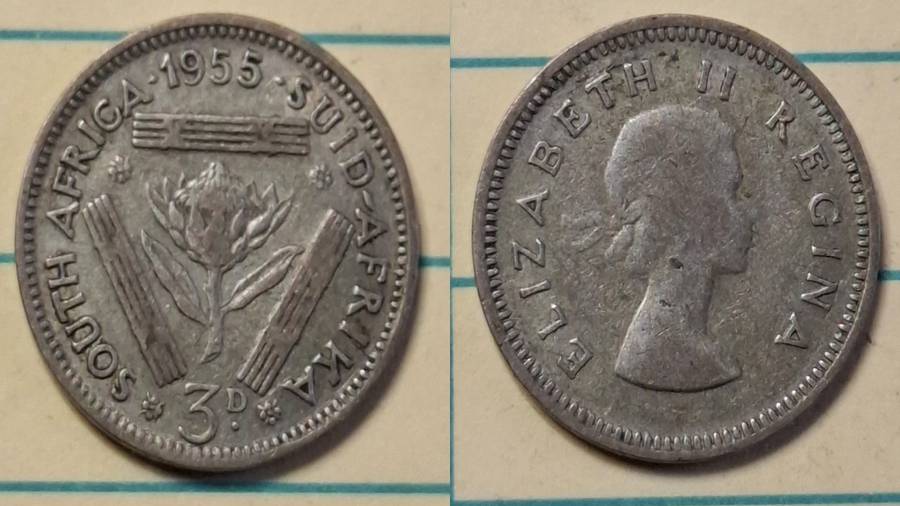 1955 - South Africa - 3 Pence  - Elizabeth II - Demonetised Yes - Mar 1961 - Silver (.500)