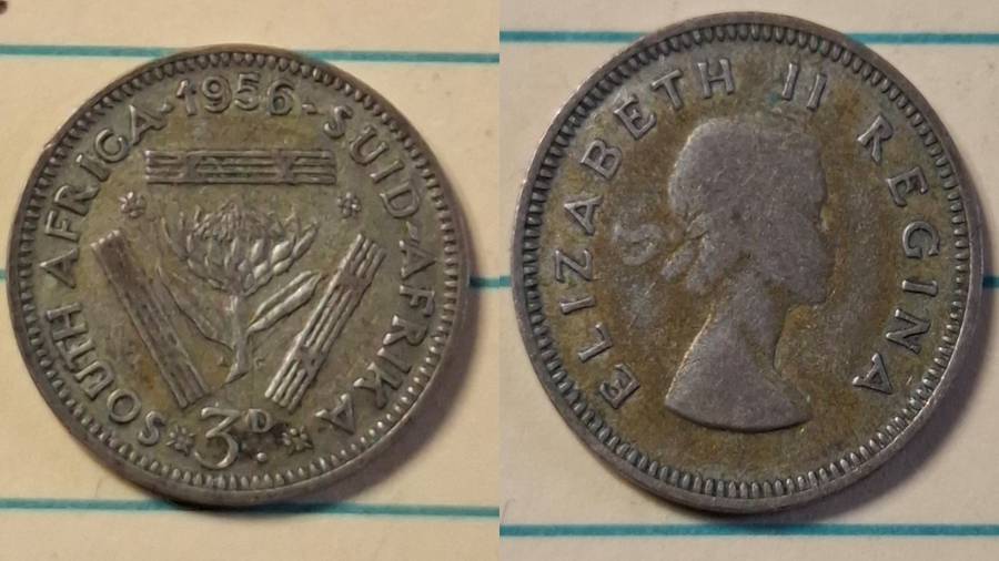 1956 - South Africa - 3 Pence  - Elizabeth II - Demonetised Yes - Mar 1961 - Silver (.500)