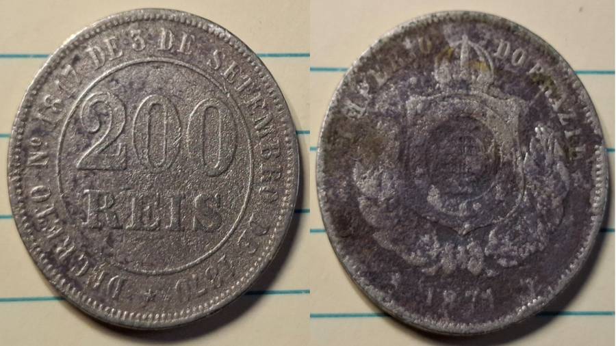 1871 - Brazil - 200 Reis - DECRETO N°1817 DE 3 DE SETEMBRO DE 1870 - Demonetised Yes - Copper-nickel