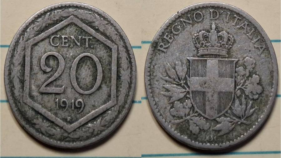1919 - Italy - 20 Centesimi - Crowned Savoia Shield - Demonetised Yes - Copper-nickel