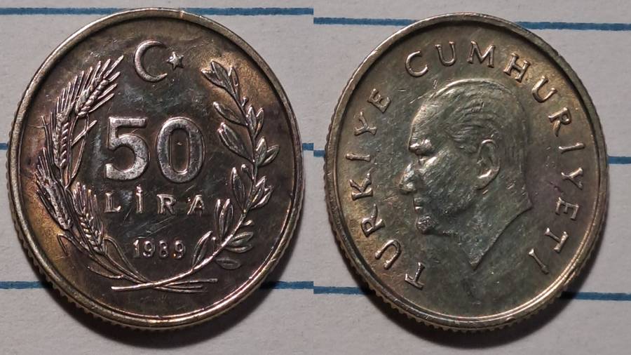 1989 - Turkey  - 50 Lira - Demonetised - Yes  - Brass