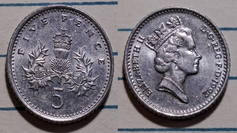 1992 - UK  - 5 Pence - Elizabeth II - Demonetised -No  - Copper-nickel