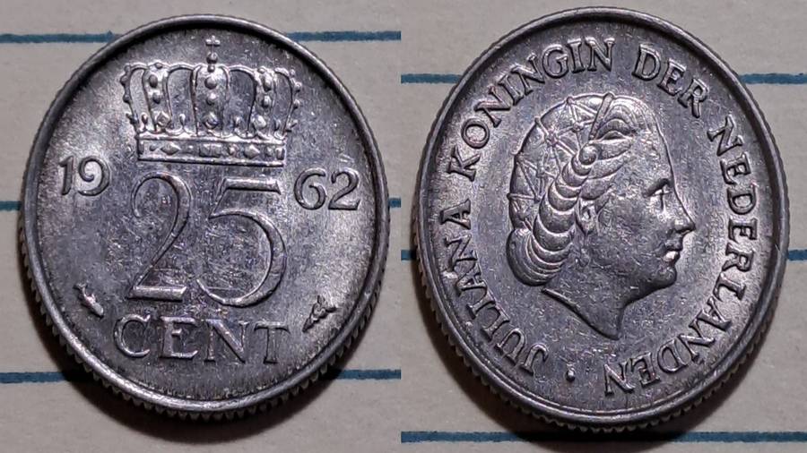 1962 - Netherlands  - 25 Cents - Juliana -  Demonetised - Feb 2002  - Nickel