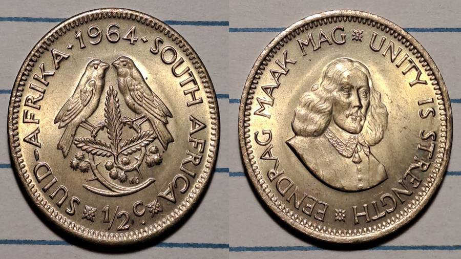 1964 - South Africa  - ½ Cent  - UNC - Jan van Riebeeck/Eendrag maak mag * Unity is strength - Brass