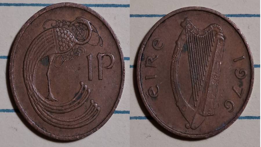 1976 - Ireland  - 1 Penny non-magnetic -  Demonetised - Feb 2002  - Copper plated steel