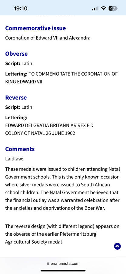 1902 NATAL (SILVER 99.9- 11,4GRAM) COMMEMORATE CORONATION OF KING EDWARD MEDALLION- PRE WWi