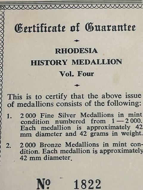 RHODESIA HISTORY MEDALLION VOL. 4 (42 GRAMS PURE 99.9 SILVER) IN ORIGINAL HOLDER SEALED