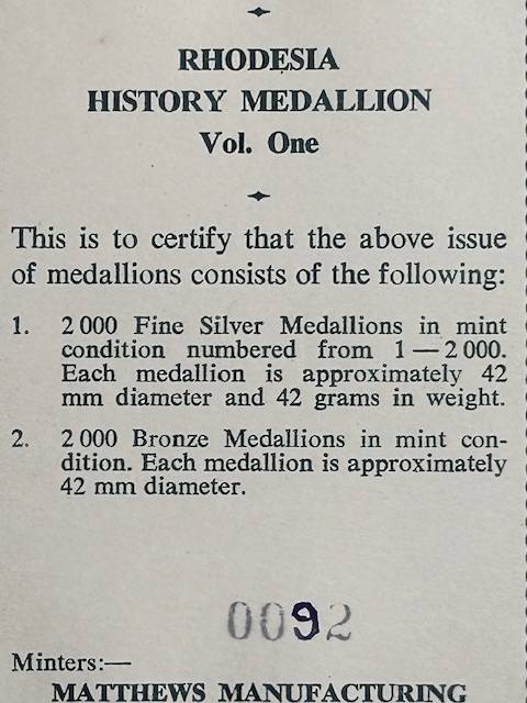 RHODESIA HISTORY MEDALLION VOL. 1 (42 GRAMS PURE 99.9 SILVER) IN ORIGINAL HOLDER SEALED