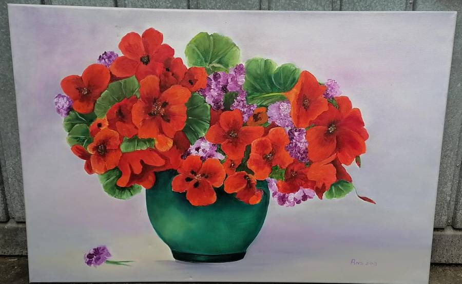 PAINTING ON BLOCK MOUNT CANVAS OF FLOWERS-SIGNED ANS 2013