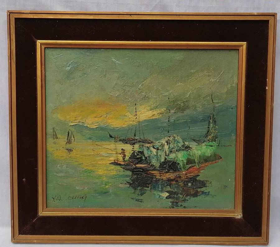 FRAMED OIL PAINTING OF ORIENTAL JUNKS 2-ARTIST XW LEONG