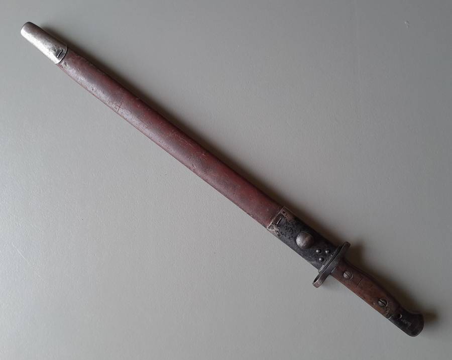 S.A. Police Issue WW2 1907 Pattern Wilkinson Sword Bayonet With Rare Brown Leather Scabbard.
