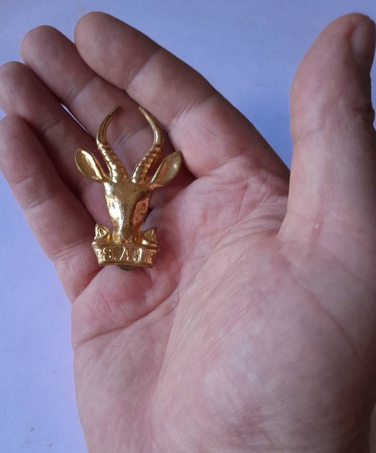SADF South African Infantry Gilt Metal Cap Badge.  All Screw Lugs Intact.