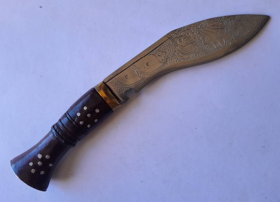 Vintage Nepalese Gurkha Kukri Dagger with Engraved Blade and Scabbard.