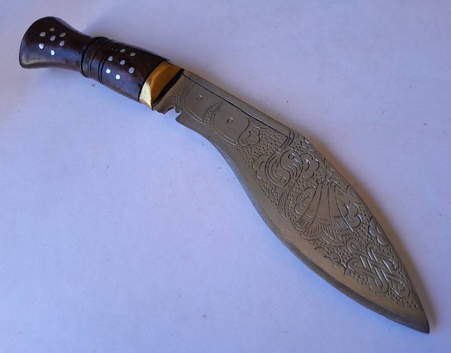 Vintage Nepalese Gurkha Kukri Dagger with Engraved Blade and Scabbard.