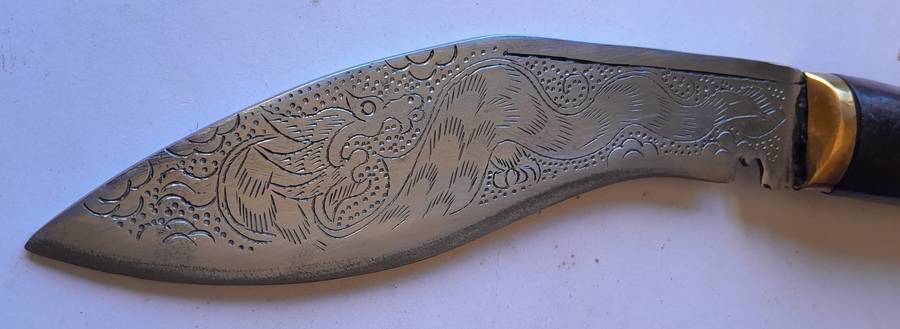 Vintage Nepalese Gurkha Kukri Dagger with Engraved Blade and Scabbard.