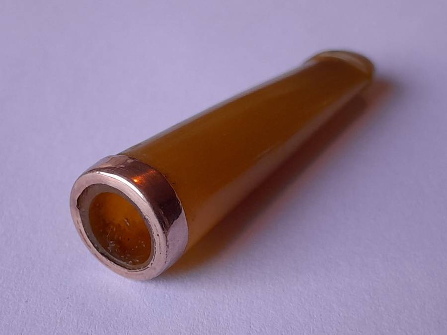 "Reserved" Antique 9ct Gold and Amber Cheroot Holder with Sterling Silver Case. London, 1916.