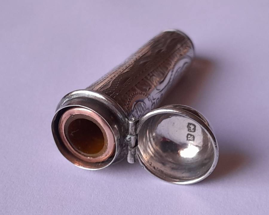 "Reserved" Antique 9ct Gold and Amber Cheroot Holder with Sterling Silver Case. London, 1916.