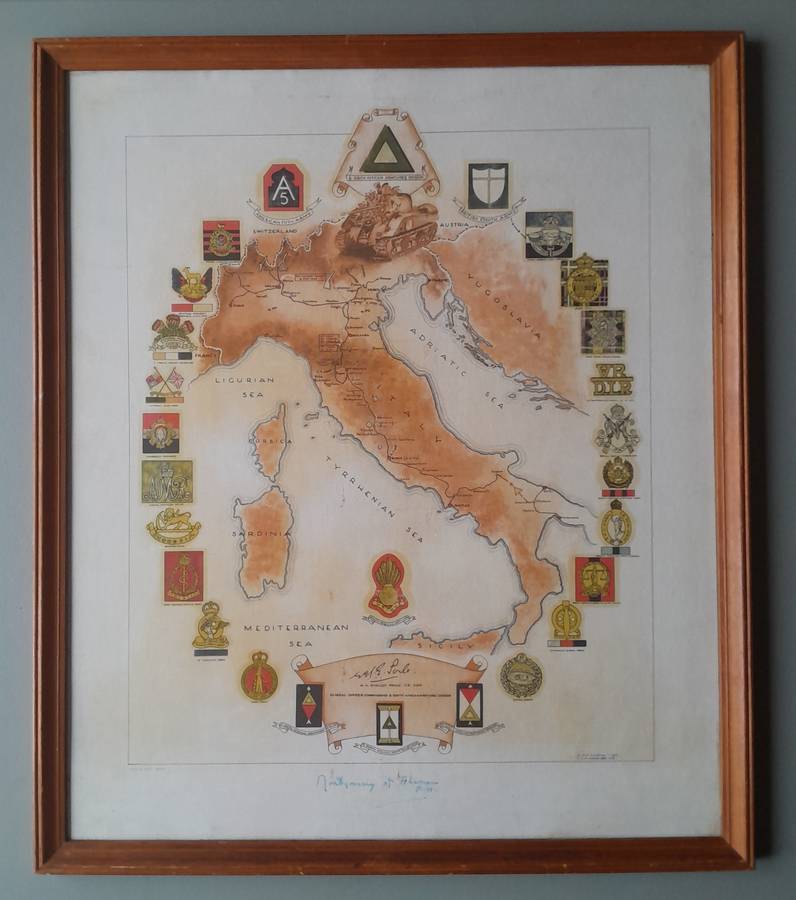WW2 SA 6th Armoured Division Framed Map. Signed By Field Marshal Montgomery. 64 x 54cm.