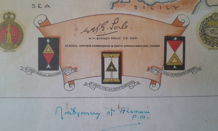 WW2 SA 6th Armoured Division Framed Map. Signed By Field Marshal Montgomery. 64 x 54cm.