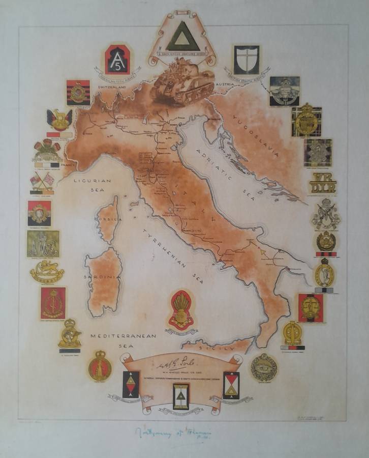 WW2 SA 6th Armoured Division Framed Map. Signed By Field Marshal Montgomery. 64 x 54cm.