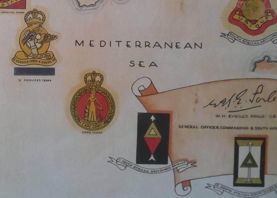 WW2 SA 6th Armoured Division Framed Map. Signed By Field Marshal Montgomery. 64 x 54cm.