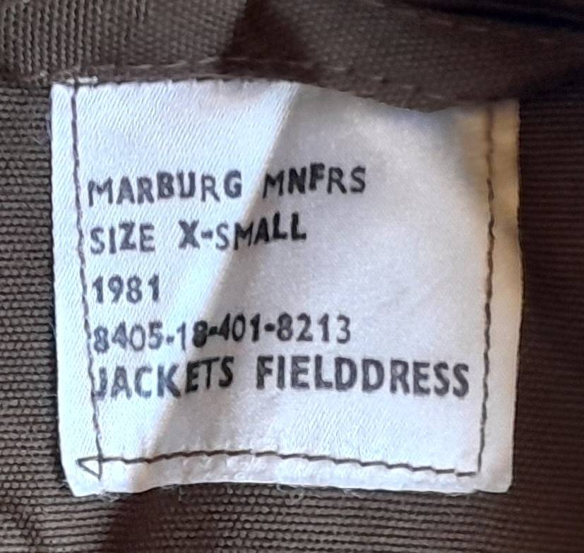 1981 SADF Border War Field Dress Jacket. MARBURG MFFRS.  Size:  X-Small.