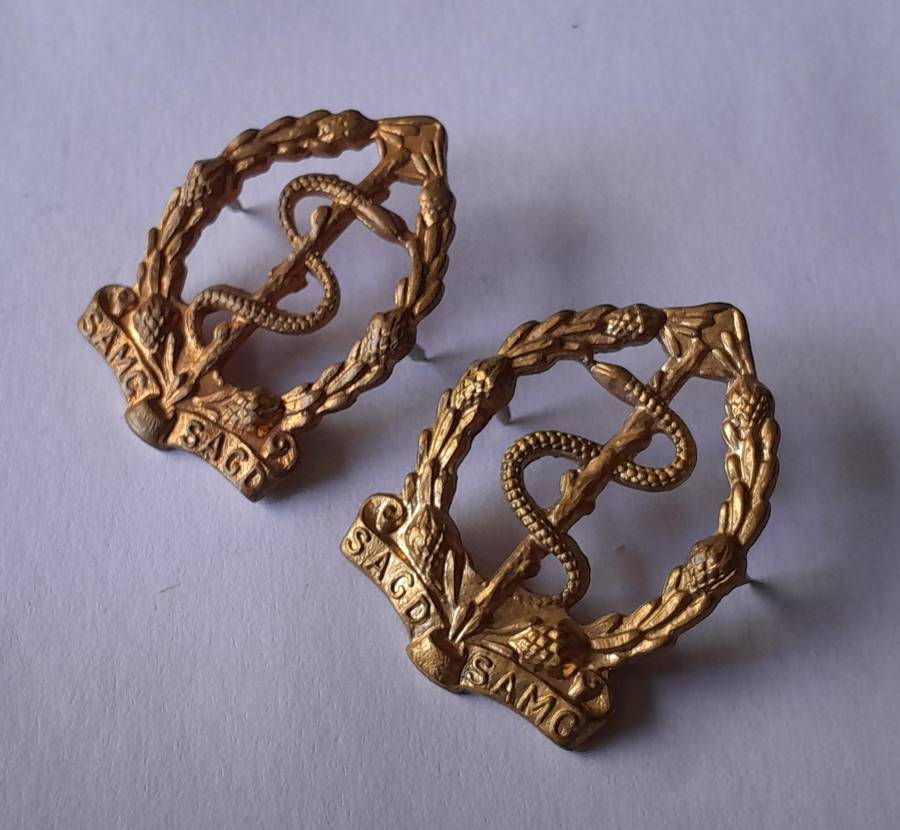 Pair SADF Medical Corps Collar Badges (facing).  Pins Intact.