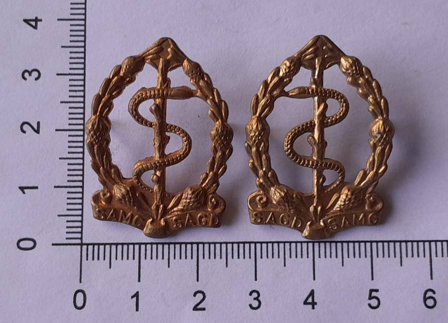 Pair SADF Medical Corps Collar Badges (facing).  Pins Intact.
