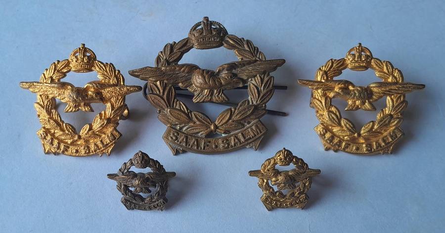 WW2 SA Air Force Badge Group.  Cap, 2 Collars & 2 Lapels.  Lugs Intact.