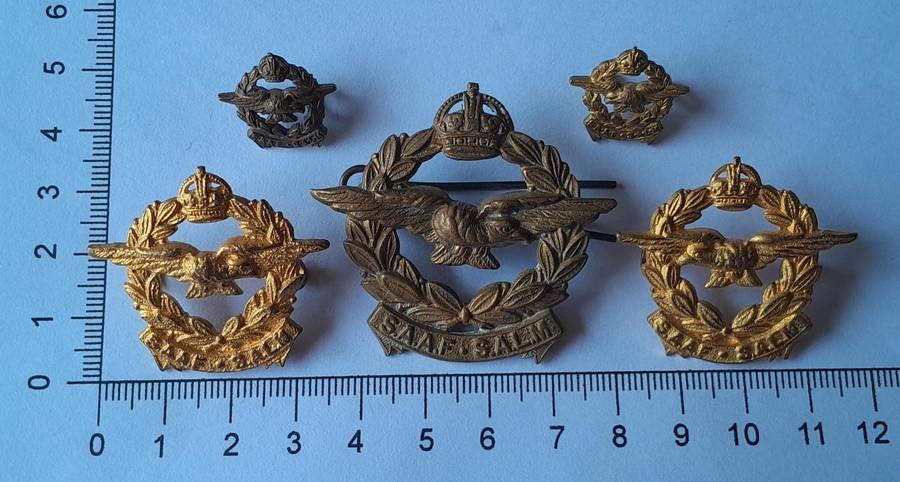 WW2 SA Air Force Badge Group.  Cap, 2 Collars & 2 Lapels.  Lugs Intact.