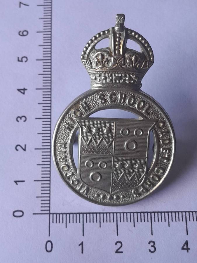 Rare Early Victoria High School Cadet Corps Cap Badge.  Lugs Intact.