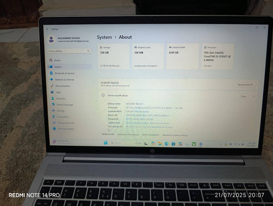 HP ProBook 450 G8 15.6" Notebook - 11th Gen Intel Core i5-1135G7, 256GB SSD 8GB RAM Xe Graphics