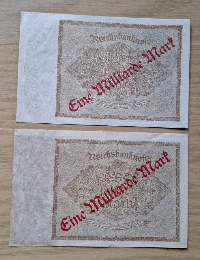 DEUTSCHES REICH Two 1 Milliarde Mark 1923 banknotes - Germany - different watermarks