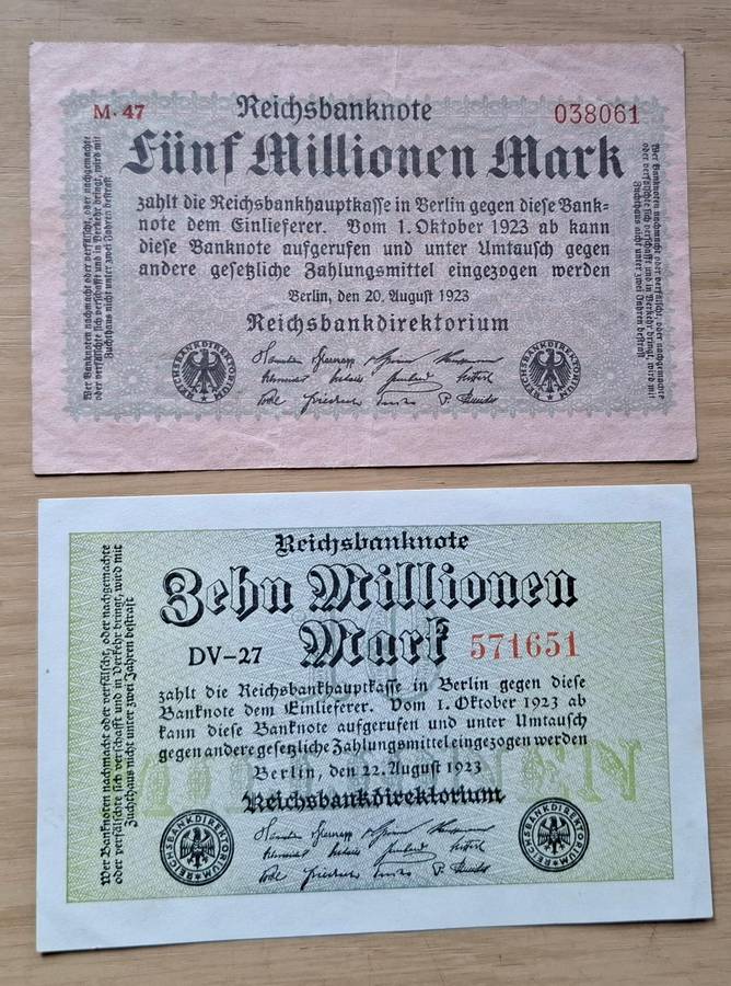 DEUTSCHES REICH 5 & 10 Millionen Mark 1923 banknotes - Germany